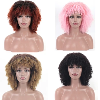 Къса афро извратена къдрава перука с бретон черни жени синтетични африкански без лепило пухкави розови омбре кафяви многоцветни перуки косплей