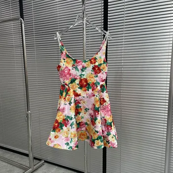 Марка моден печат цвете прашка рокля сладък Kawaii момиче секси U яка A-линия мини рокли пролетта високо качество парти дрехи