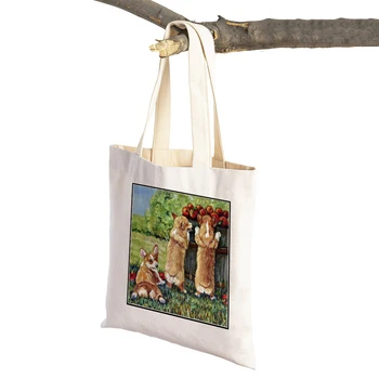 Маслена живопис изкуство куче жени мъкна многократна употреба пазарски чанти акварел хранителни стоки супермаркет купувач чанта рамо чанта за дама
