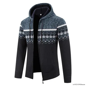 Нова зима руно мъже пуловер жилетка качулка трикотажен печат пуловерпалто мъжки случайни топла жилетка цип качулка жилетка мъже