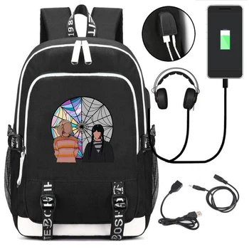 Нова ученическа чанта USB раница сряда Addams печат daypack по-голям капацитет трайни унисекс чанти лаптоп момчета / момичета bookbags