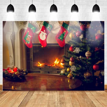 Празник Коледа снимка фон камина коледно дърво червен чорап фон Коледа свещ фонове за Photocall