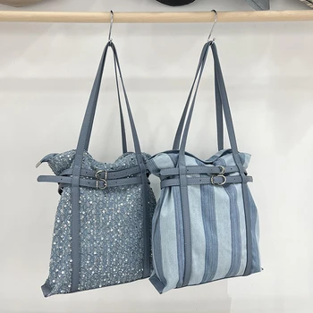Реколта ниша деним голяма пазарска чанта за жени голям капацитет случайни дизайнерски чанти с пайети и колан ключалката универсален чанти