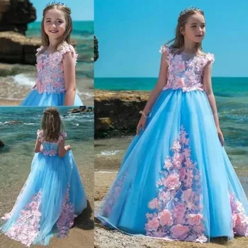 Рокли за момичета Принцеса апликации момичета конкурс цвят съвпадение синьо / розово парти рокля цвете момиче рокля обратно дантела нагоре официален
