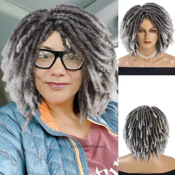 Синтетични плетени перуки Ombre сиви перуки за черни жени Dreadlocks Wig Locs Плетене на една кука Twist Hair Short Afro Curly Wig Мъже Жени