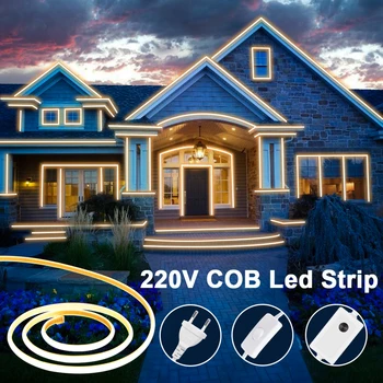 Супер ярка COB LED лента светлина 220V гъвкава лента 288LEDs / m Cuttable Led неонови ленти водоустойчив за външно осветление декор