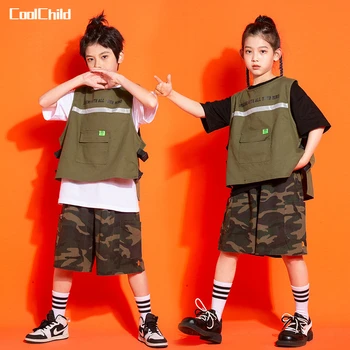 Хип-хоп момчета жилетка камуфлаж карго шорти момичета жилетка детска военна лятна улица танц дрехи комплект детски улично облекло костюм